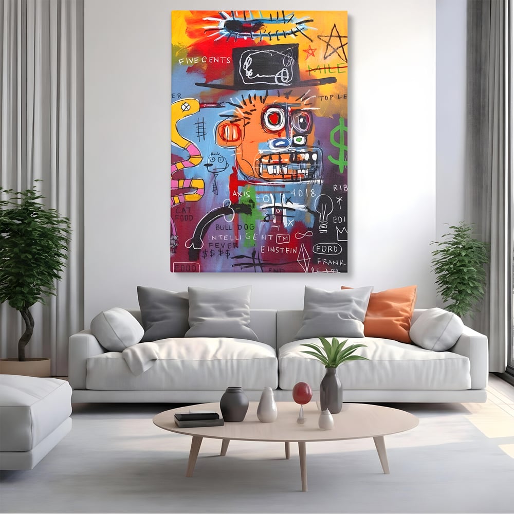 Tablou canvas cu tablou abstract cu portret si inscriptii, fara rama, pe sasiu de lemn, pe perete intr-un living